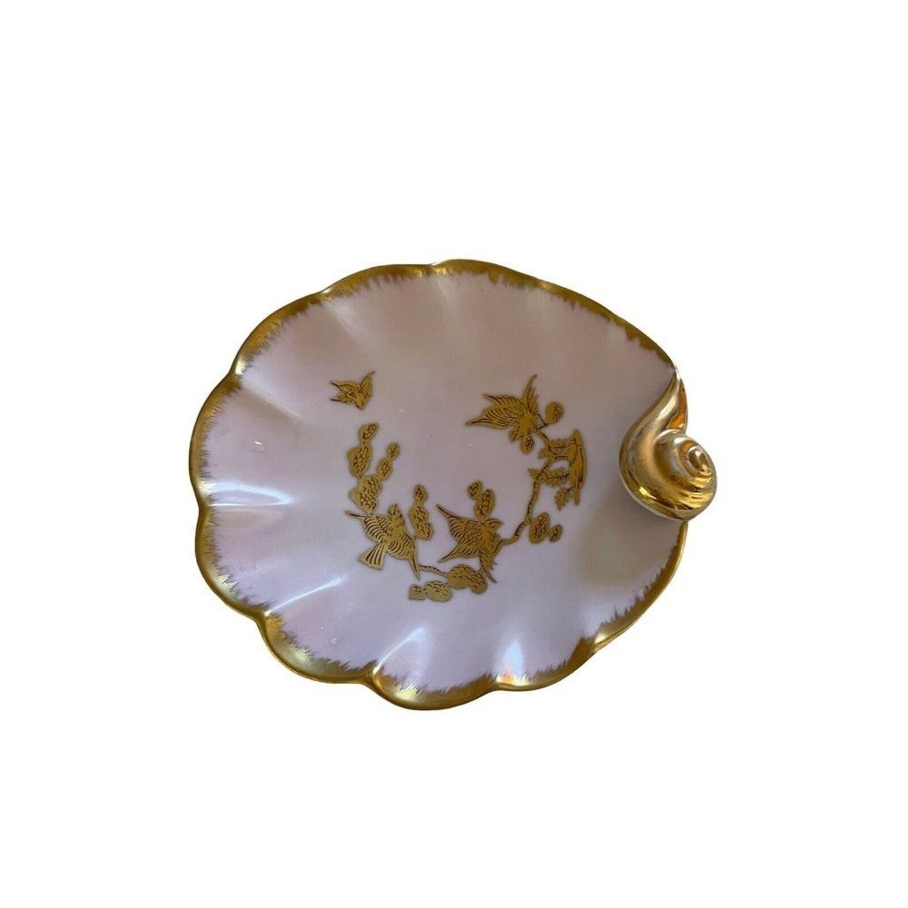 Vintage Gold Painted Pink Sea‎ Shell Conch Birds Trinket Soap Vanity Dish